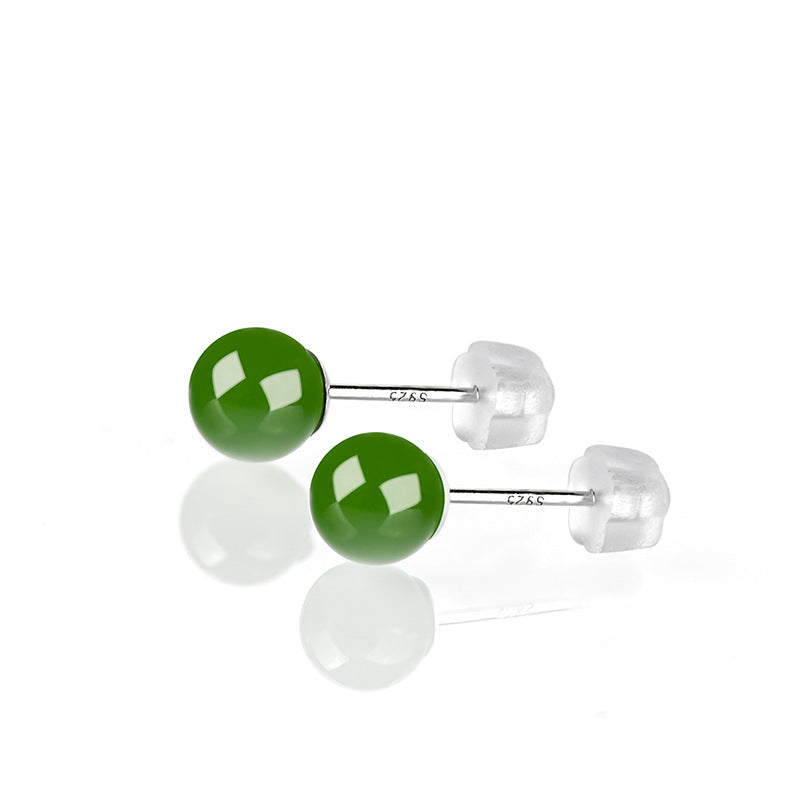 Certified Grade A Hetian green jade stud earrings 8mm 925 silver