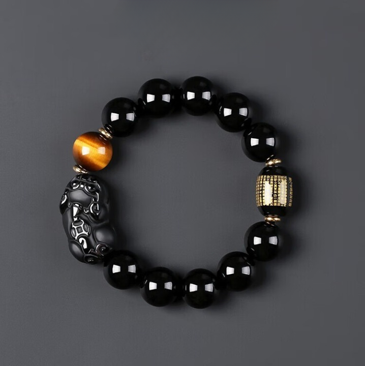 Natural Black Obsidian Pixiu Tiger’s Eye Bracelet – Protection, Wealth & Strength