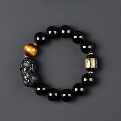 Natural Black Obsidian Pixiu Tiger’s Eye Bracelet – Protection, Wealth & Strength