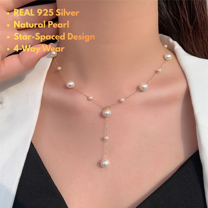 925 sterling silver pearl necklace for women – long shell pearl chain 55cm