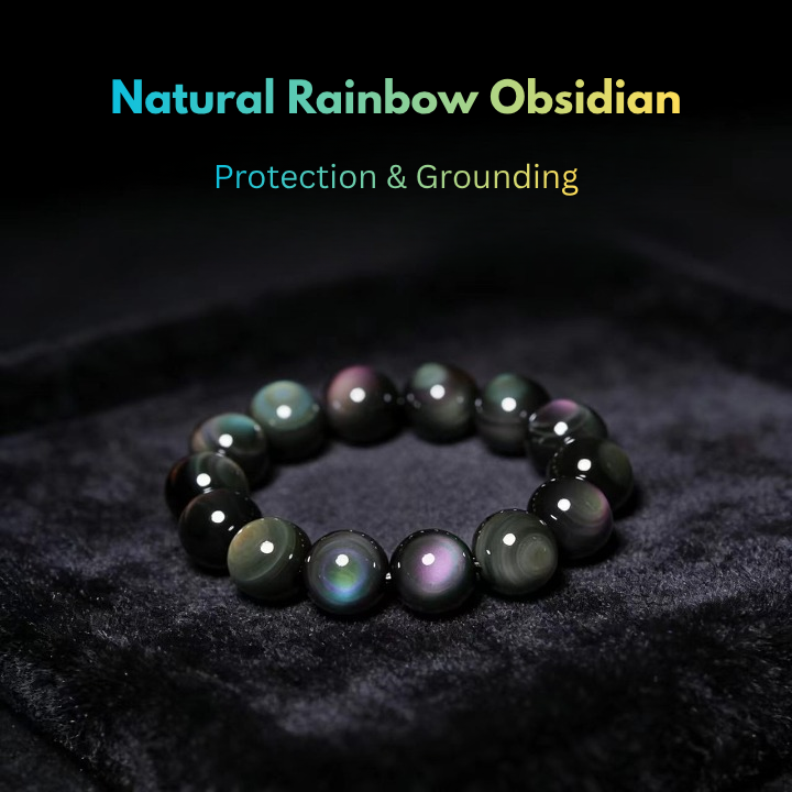 Rainbow Eye Black Obsidian Bracelet with natural multicolored rainbow-eye iridescent flash 10mm polished obsidian beads