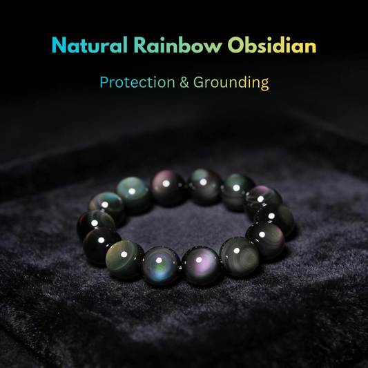 Rainbow Eye Black Obsidian Bracelet with natural multicolored rainbow-eye iridescent flash 10mm polished obsidian beads
