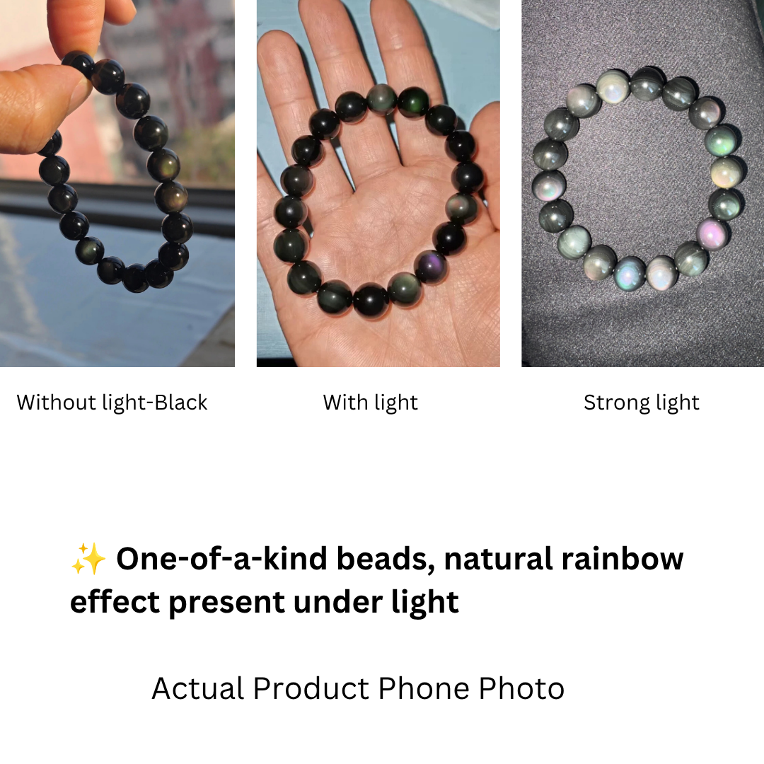 natural rainbow eye obsidian bead showing multicolored iridescent flash under light and black without light