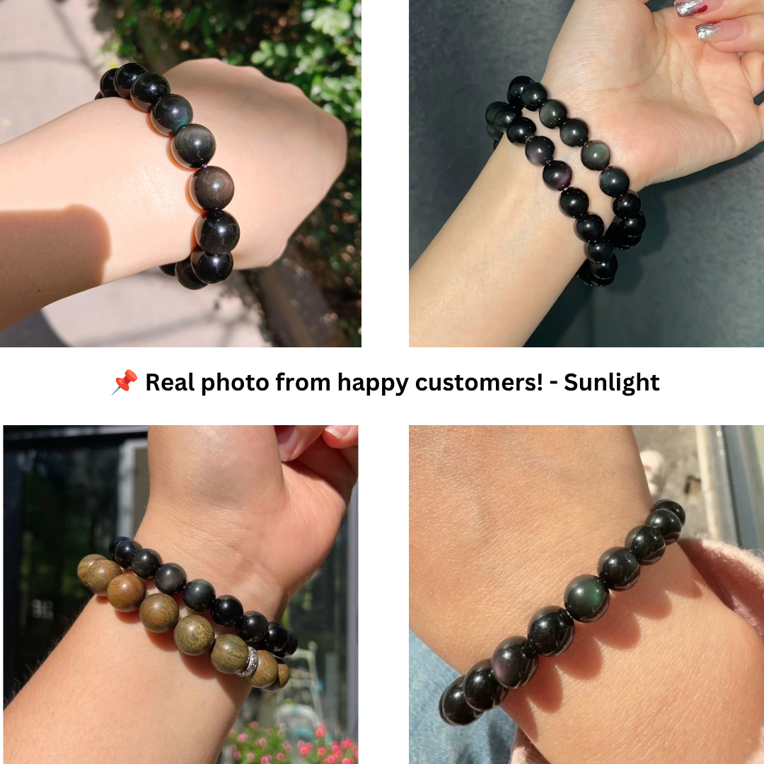 unisex rainbow eye black obsidian bracelet on wrist minimalist black gemstone jewelry