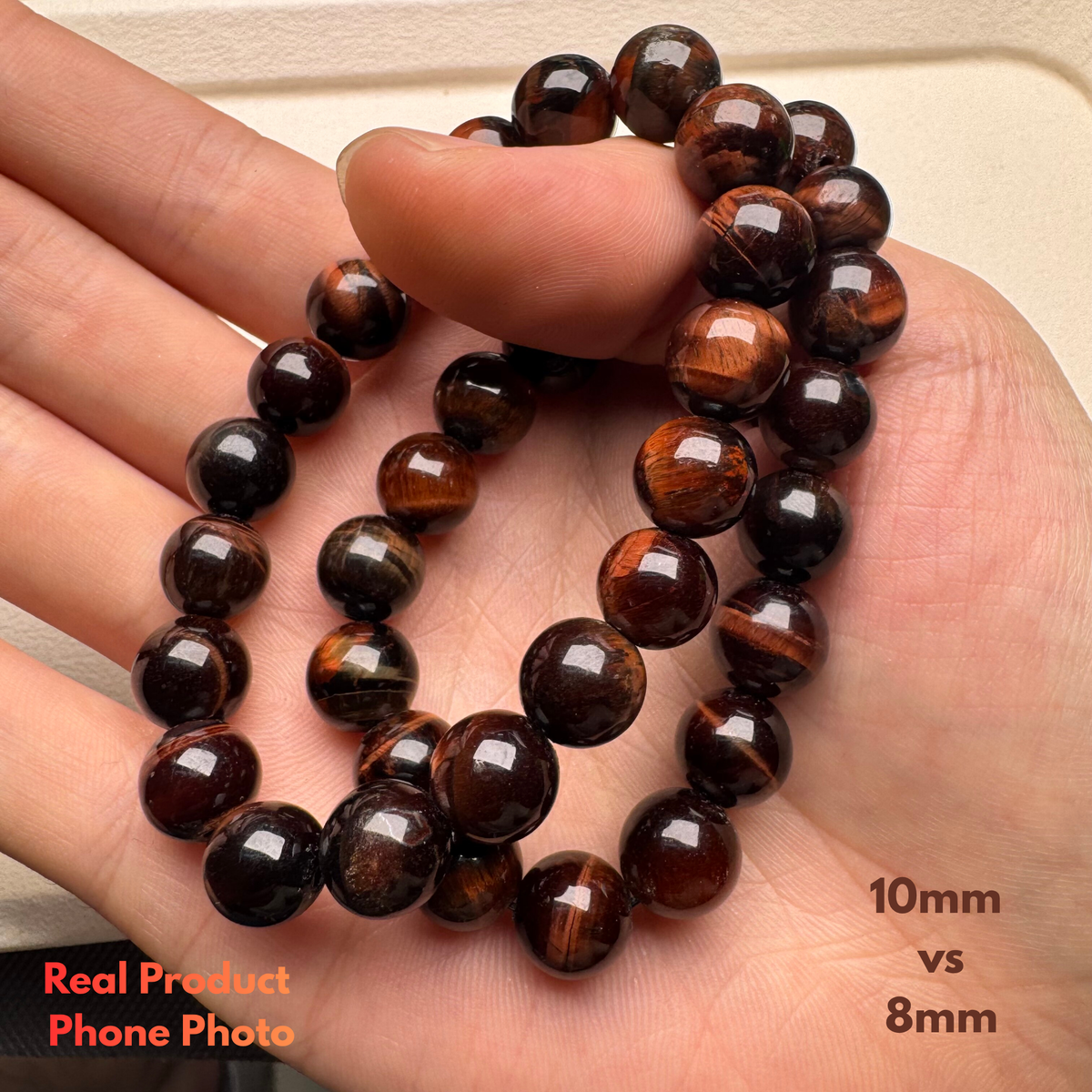 Red Tiger Eye Bracelet Bead Size Comparison 8mm vs 10mm in side angle