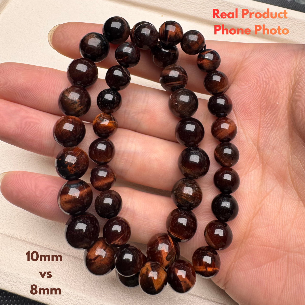 Red Tiger Eye Bracelet Bead Size Comparison 8mm vs 10mm
