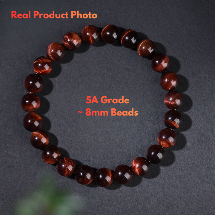 Red Tiger Eye Bracelet with Natural Chatoyancy Close Up 8mm beads