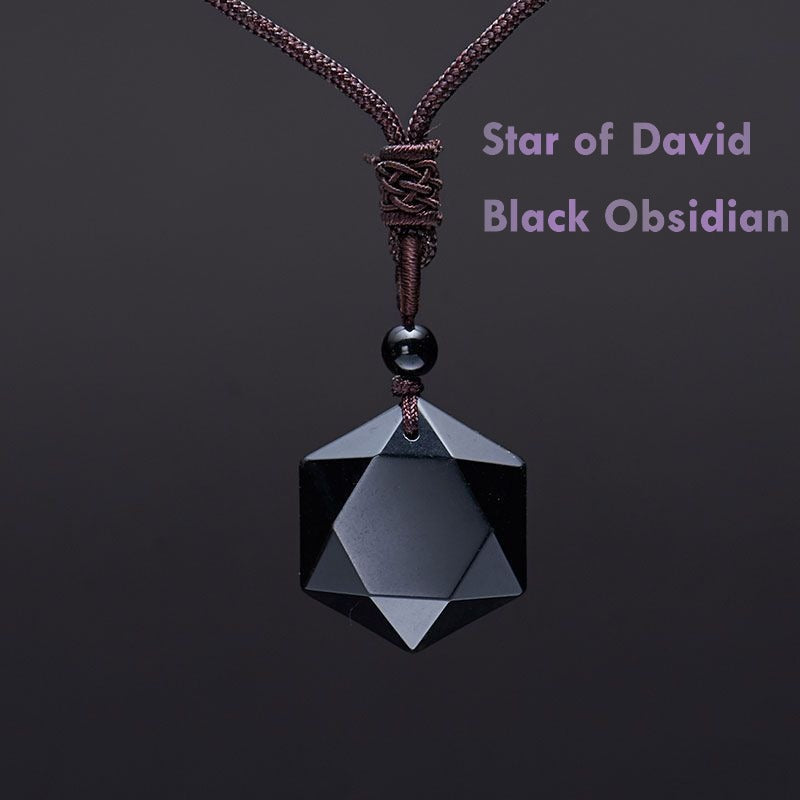 Star of David Black Obsidian Necklace – Six-Pointed Feng Shui Protection Pendant
