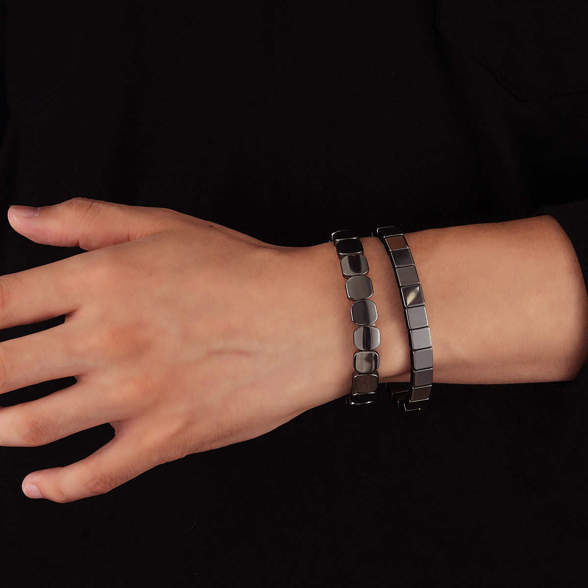 Natural hematite gemstone beads with metallic finish men’s bracelet