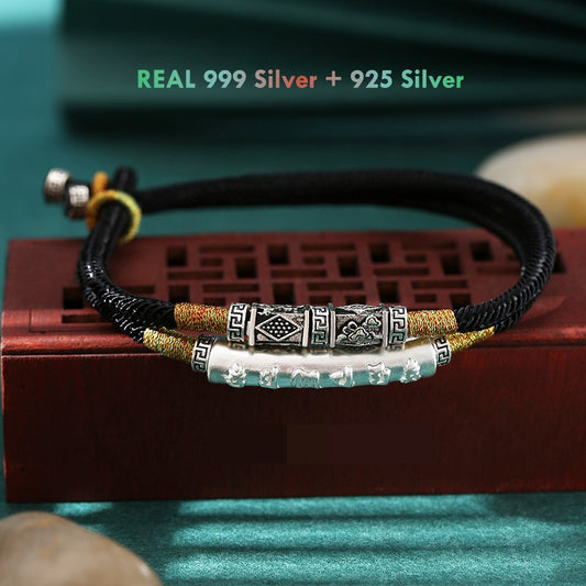 Tibetan Mani Mantra Double Silver Tube Bracelet – 999 Silver & 925 Silver Vintage Protection Jewelry