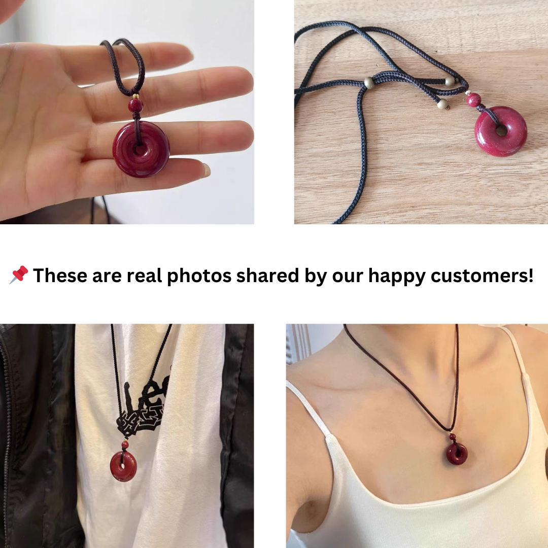 High-Content Red Cinnabar Donut Pendant Necklace – Shimmering Round Amulet Jewelry