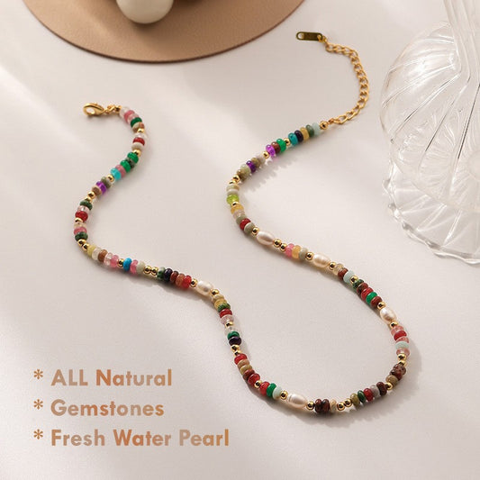 18K Gold Plated Chakra Gemstone & Pearl Necklace – Natural Healing Crystal Jewelry