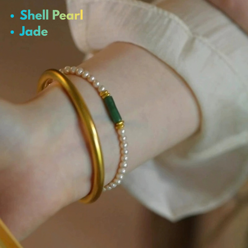 Shell Pearl Bracelet for Women with Jade Center wear on woman's wrist