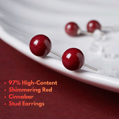 Shimmering Red Cinnabar Stud Earrings close up look beads shimmering