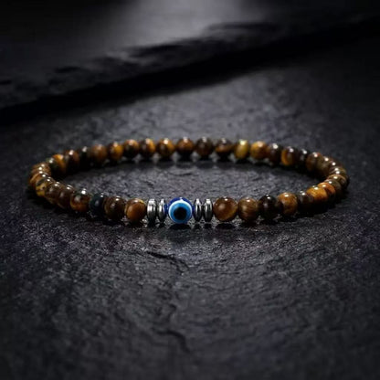 Genuine Tiger Eye Evil Eye bracelet for men with hematite accents and 4 mm natural gemstone beads