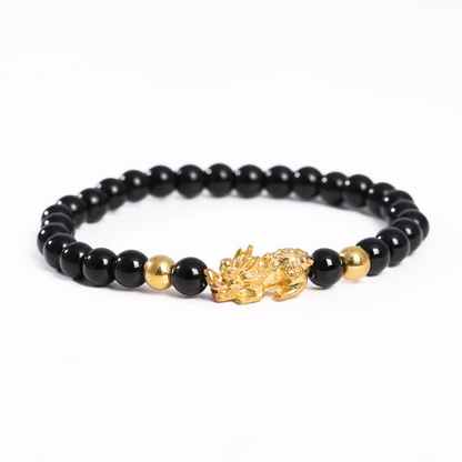 Natural Black Obsidian Pixiu Bracelet with Gold Charm – Feng Shui Wealth Jewelry white background