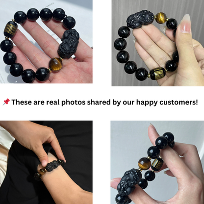 Natural Black Obsidian Pixiu Tiger’s Eye Bracelet – Protection, Wealth & Strength