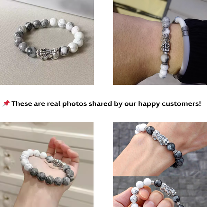 Yin Yang Pixiu Bracelet – Natural White & Grey Turquoise for Balance & Wealth
