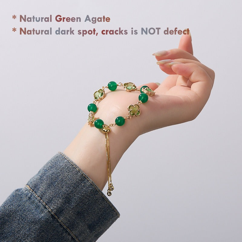 “natural green agate gemstone bracelet with clover charm gift for her”