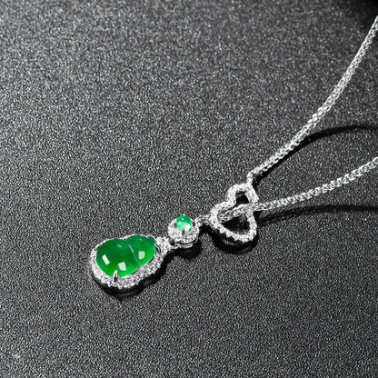 Premium Natural Guatemala Jadeite Jade Calabash Pendant Necklace with 925 Sterling Silver Chain