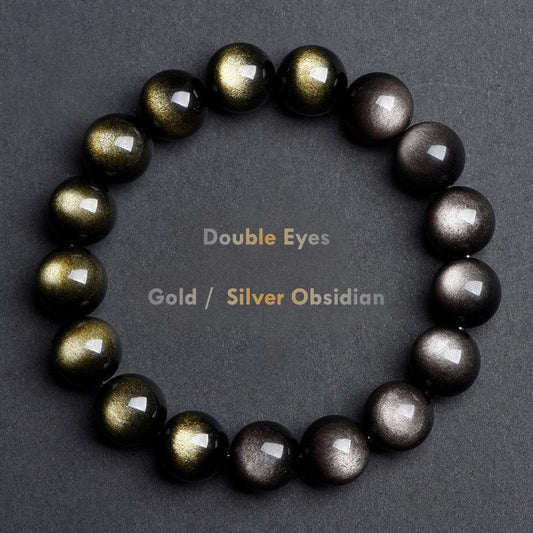 Natural Double Eyes Obsidian Bracelet – Gold & Silver Sheen Protection Crystal