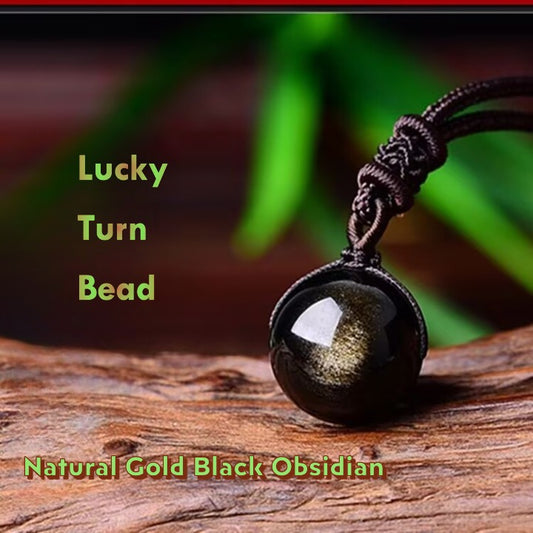 Lucky Turn Golden Black Obsidian Pendant Necklace – Natural 16mm Bead
