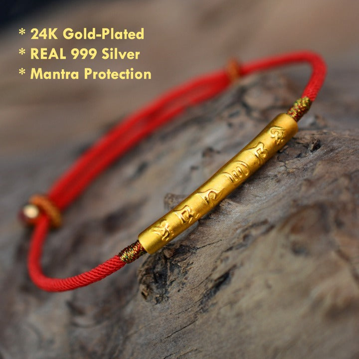 24K Gold-Plated Tibetan Red String Bracelet with 999 Silver Mantra Charm – handmade spiritual jewelry