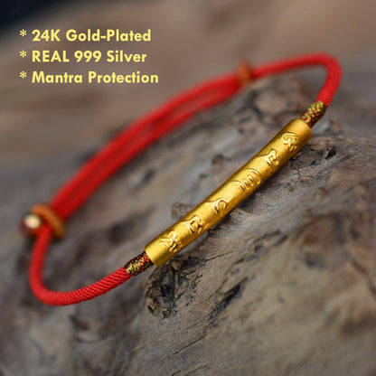 24K Gold-Plated Tibetan Red String Bracelet with 999 Silver Mantra Charm – handmade spiritual jewelry
