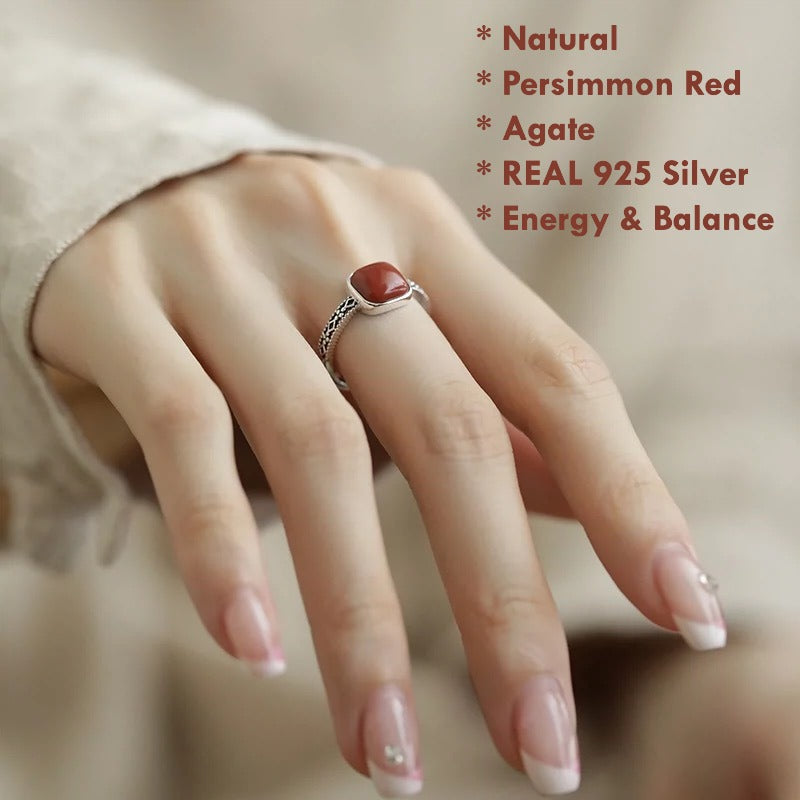 Natural Persimmon Red Agate Silver Ring – 925 Sterling Silver Adjustable Jewelry
