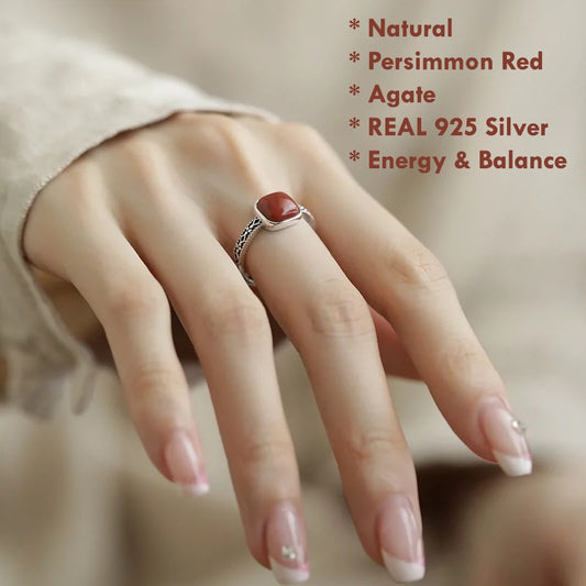 Natural Persimmon Red Agate Silver Ring – 925 Sterling Silver Adjustable Jewelry