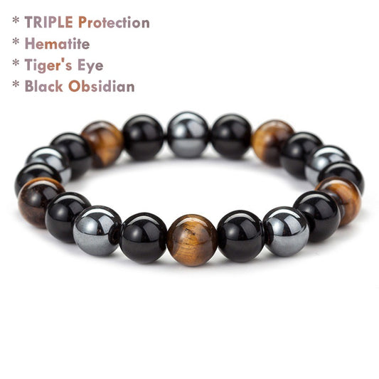 Men’s triple protection bracelet tiger’s eye black obsidian hematite
