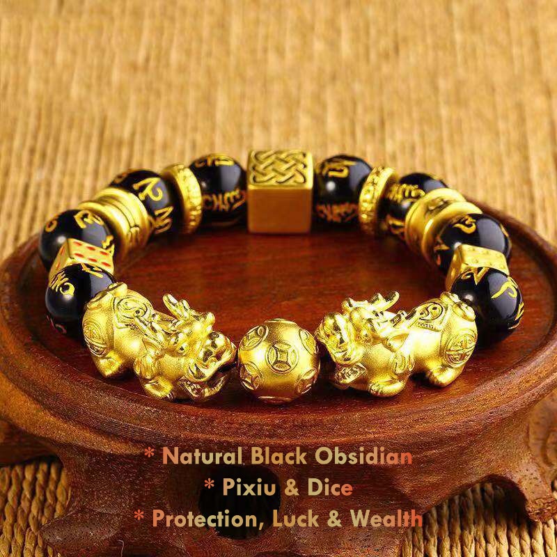 Double Pixiu Black Obsidian Bracelet – Feng Shui wealth & protection jewelry