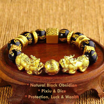 Double Pixiu Black Obsidian Bracelet – Feng Shui wealth & protection jewelry
