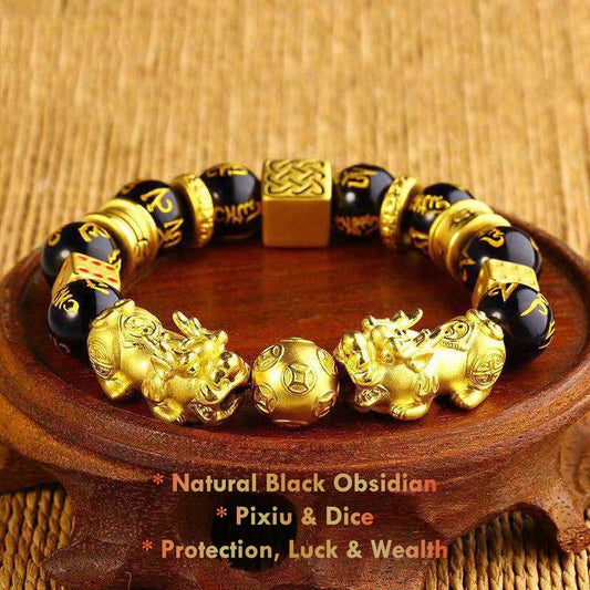 Double Pixiu Black Obsidian Bracelet – Feng Shui wealth & protection jewelry