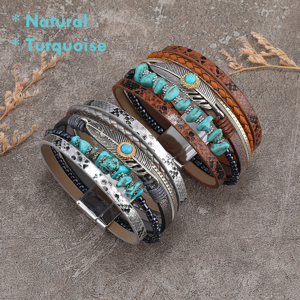boho turquoise layered leather bracelet handmade for women