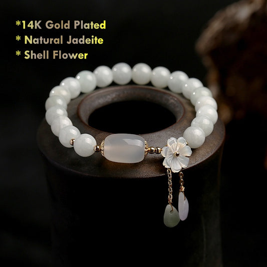 14K Gold Plated Jadeite Jade Shell Flower Bracelet – Natural A Grade Beads & Elegant Design