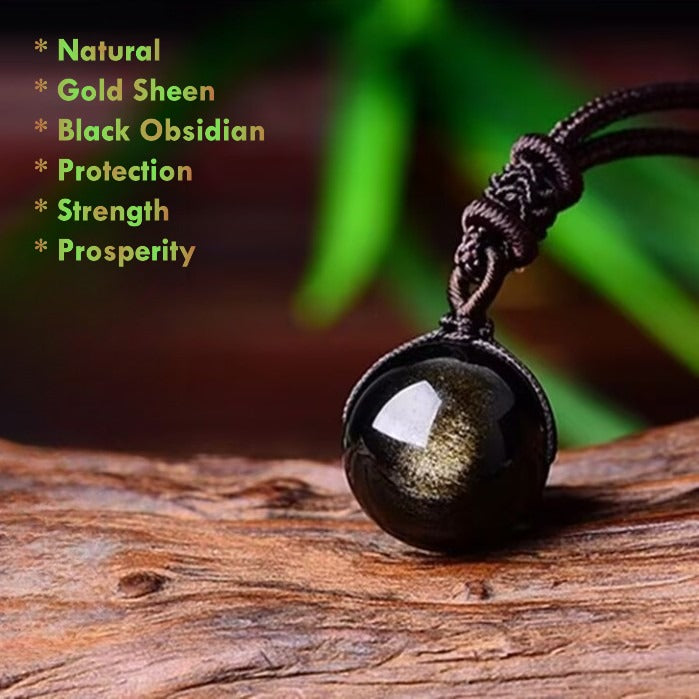 men’s feng shui gold black obsidian protection necklace 16mm pendant