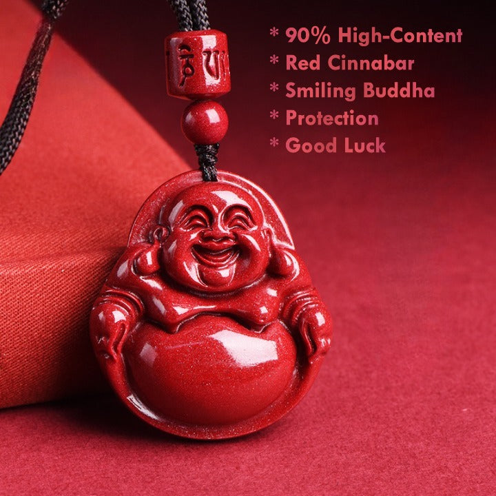 Hand-carved cinnabar Laughing Buddha pendant necklace red