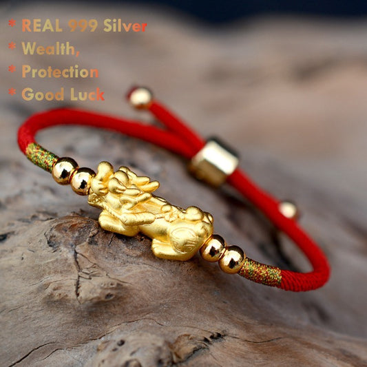 999 Silver Feng Shui Pixiu Red String Bracelet – handcrafted wealth talisman