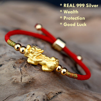 999 Silver Feng Shui Pixiu Red String Bracelet – handcrafted wealth talisman