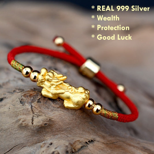 999 Silver Feng Shui Pixiu Red String Bracelet – handcrafted wealth talisman