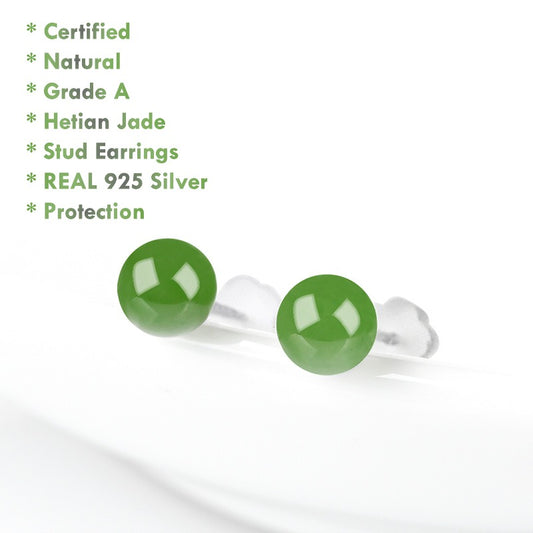 Certified Grade A Hetian green jade stud earrings 8mm 925 silver