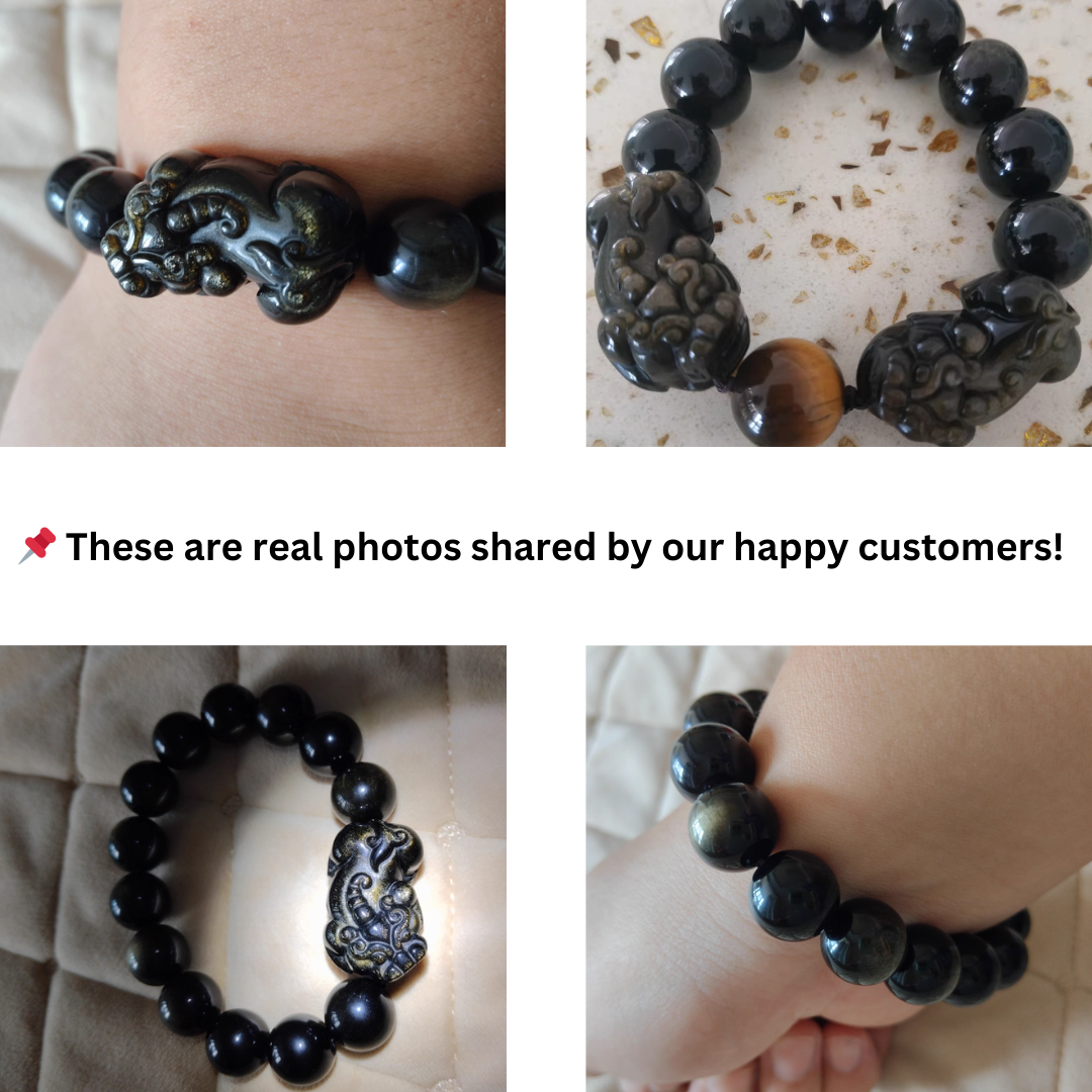 Natural Gold Obsidian Pixiu Wealth Bracelet – Protection & Abundance Energy