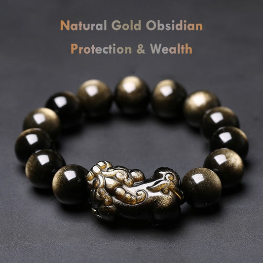 Natural Gold Obsidian Pixiu Wealth Bracelet – Protection & Abundance Energy