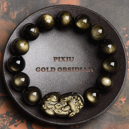 Natural Gold Obsidian Pixiu Wealth Bracelet – Protection & Abundance Energy