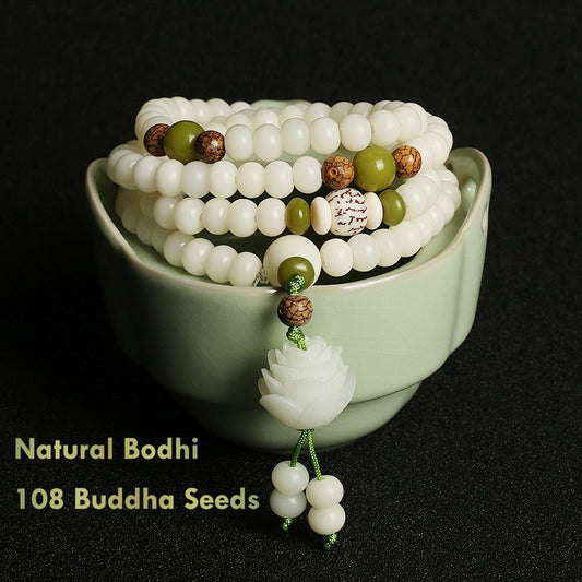 White Bodhi Seed Mala Bracelet with Lotus Pendant