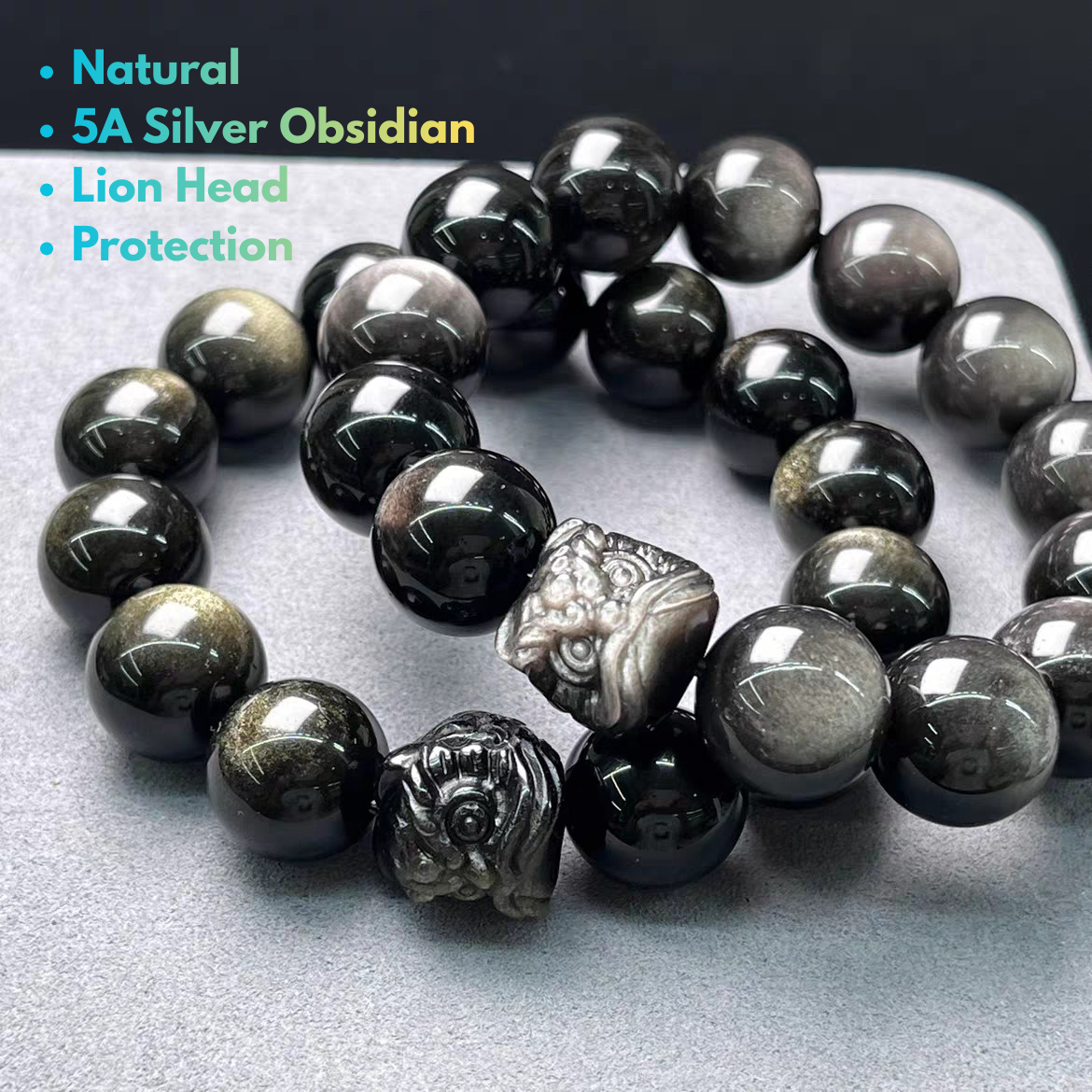 men’s natural silver sheen black obsidian lion head bracelet