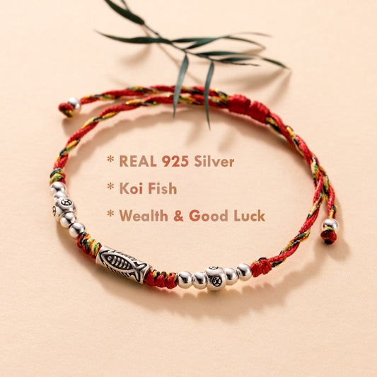 Handmade 925 silver koi fish red string bracelet – Feng Shui good luck charm