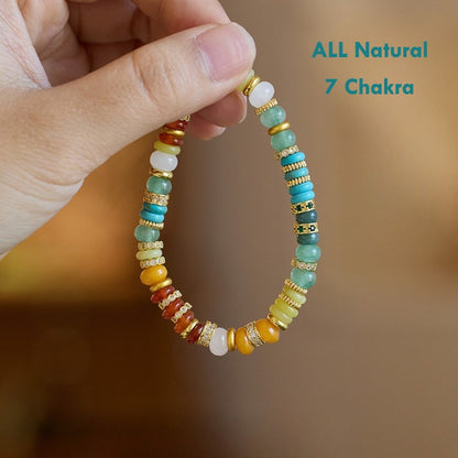 7 Chakra Natural Stone Slice Bead Bracelet – Handmade Healing Jewelry with Golden Accents