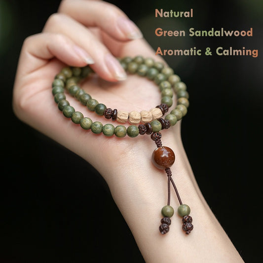 Natural Green Sandalwood Mala Bracelet – 6mm Beads, Aromatic & Calming Energy